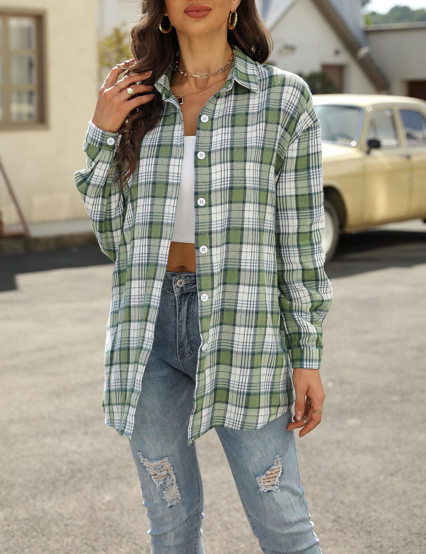 Plaid Flannel Shirts for Women Oversized Long Sleeve Button Down Buffalo Plaid Shirt Blouse Tops