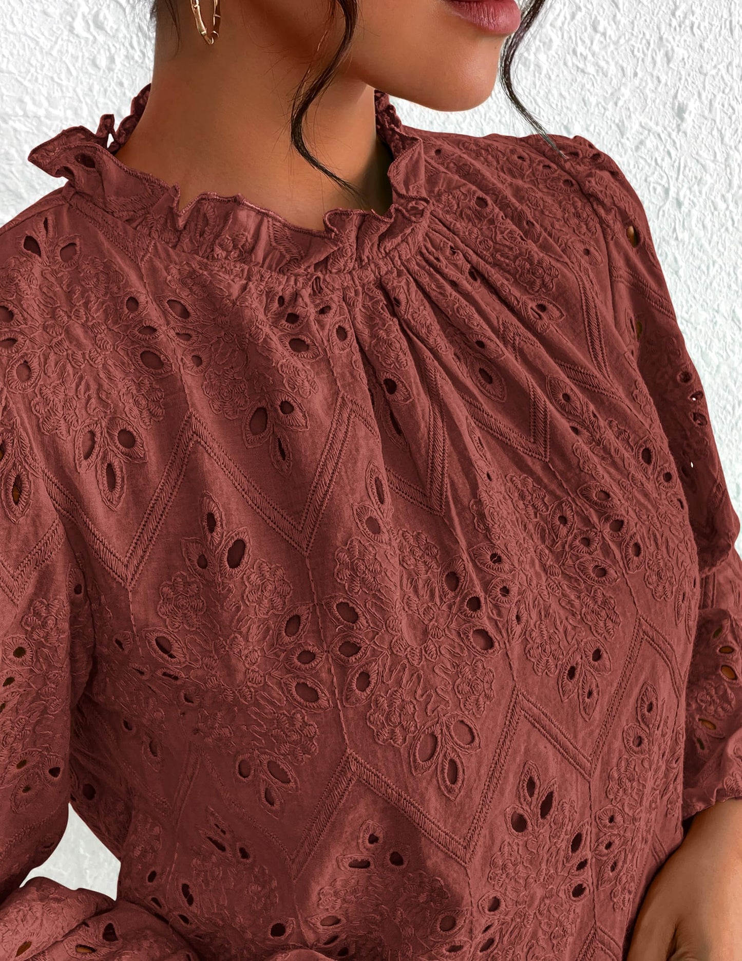 Women’s Blouses Dressy Casual Embroidered Long Puff Sleeve Shirts Ruffle Eyelet Lace Top