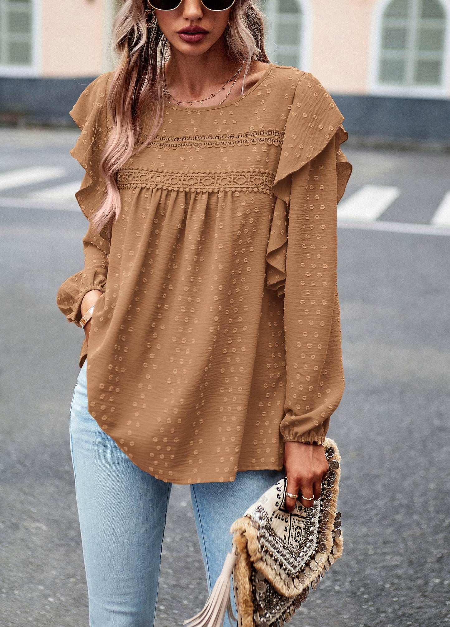 Women's Long Sleeve Blouses Ruffle Swiss Dot Crochet Loose Fit