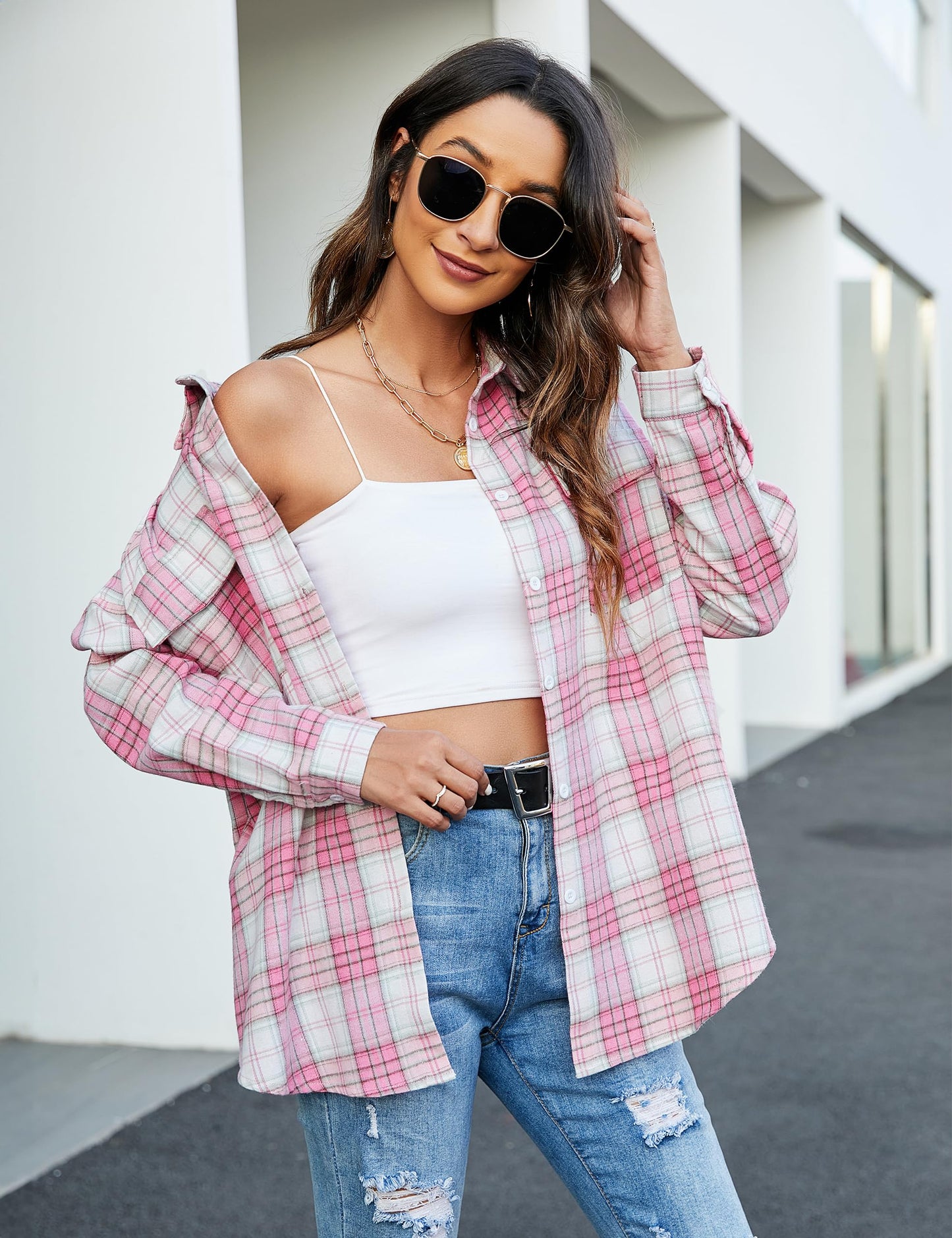 Women's Button Down Flannel Shirts Plaid Shacket Long Sleeve Collared Business Casual Tops Work Blouses