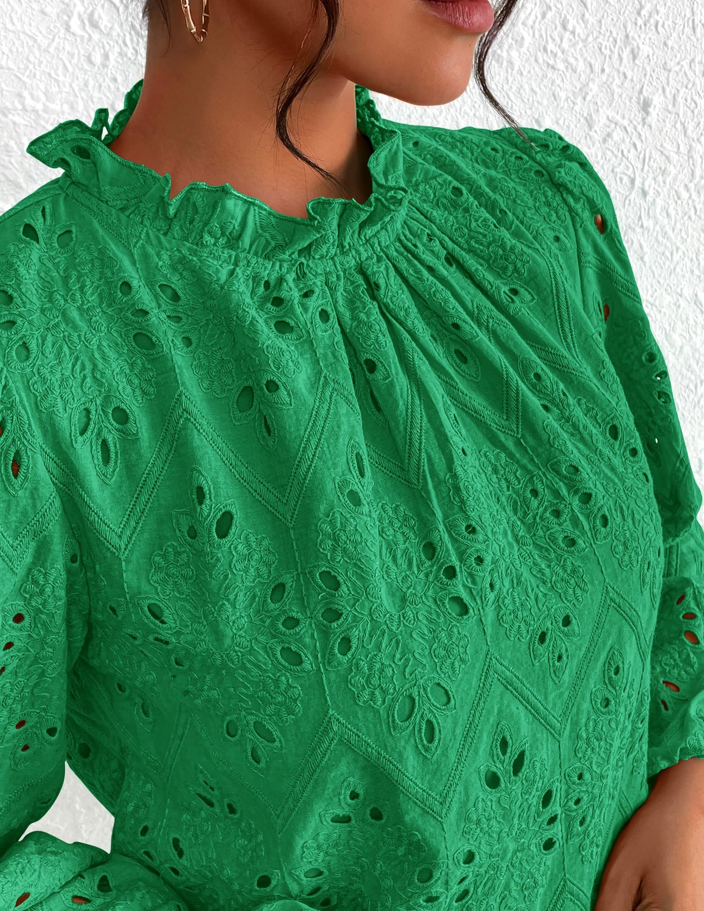 Women’s Blouses Dressy Casual Embroidered Long Puff Sleeve Shirts Ruffle Eyelet Lace Top
