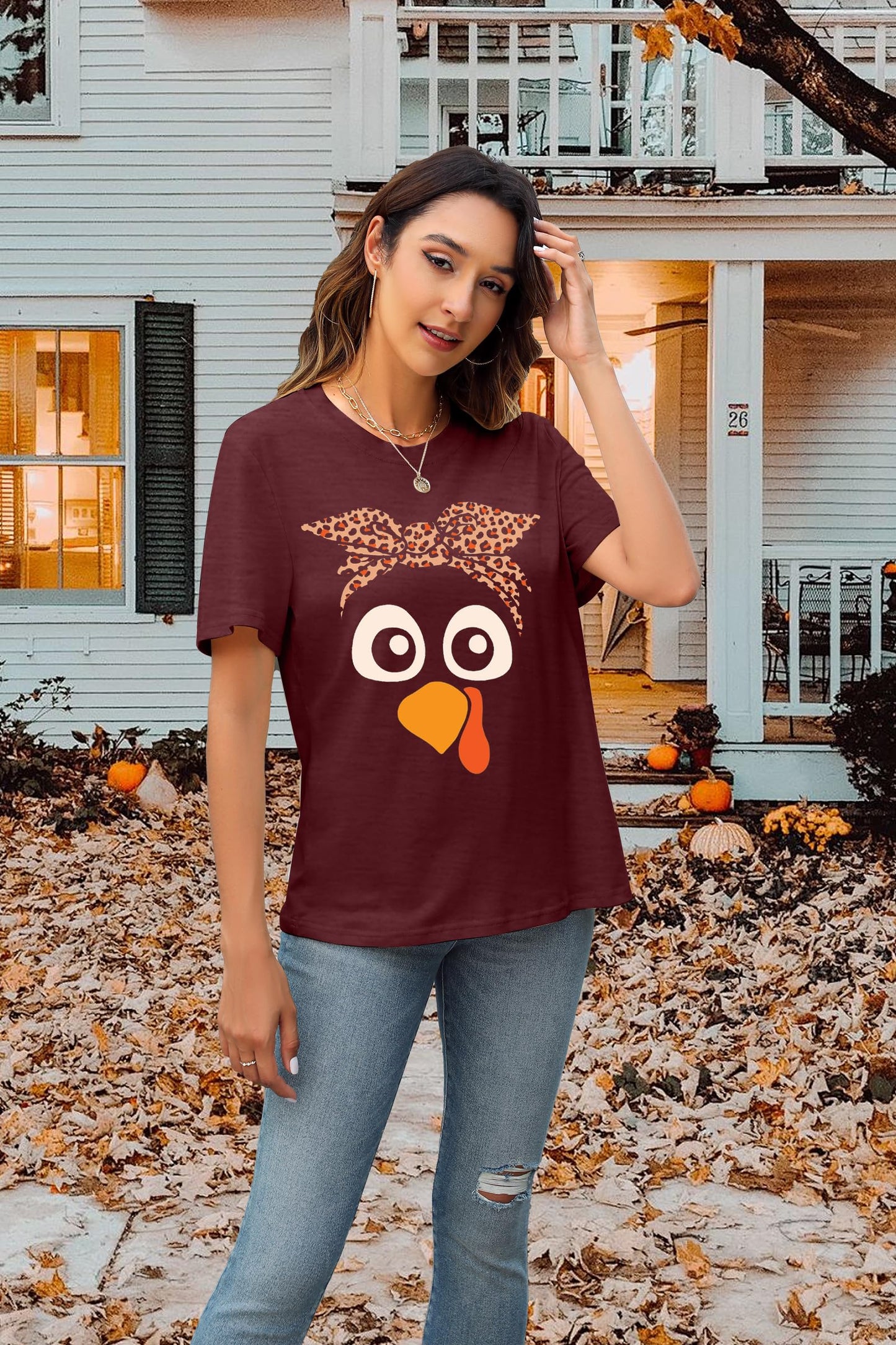 Turkey Shirts for Women Thanksgiving Shirt Funny Turkey Face Graphic Shirts Cute Fall Holiday Tee Tops