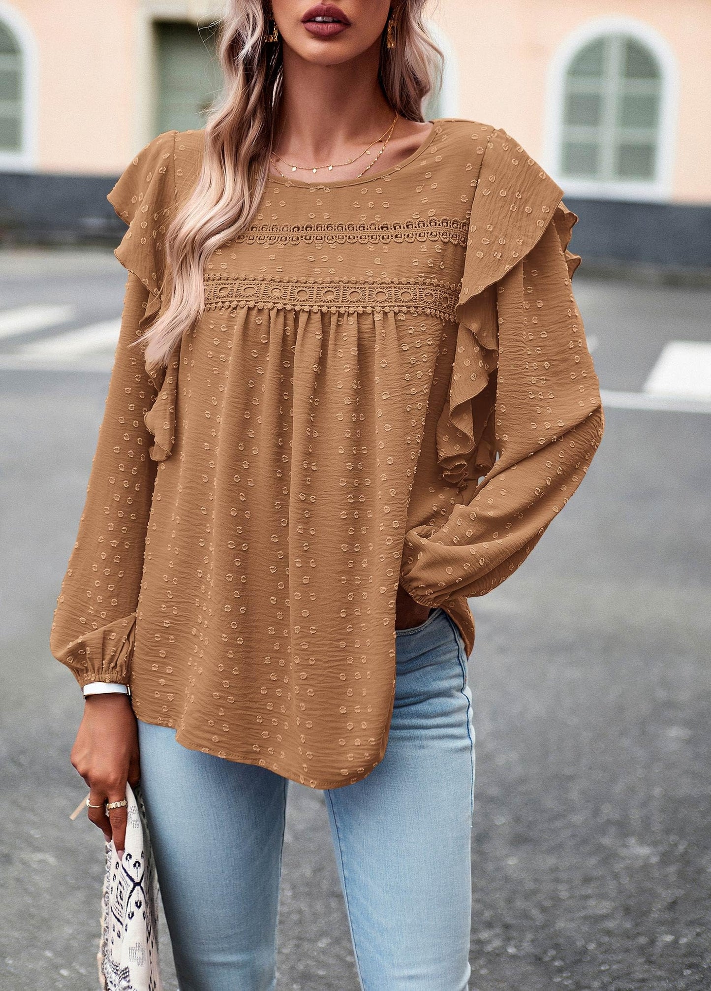 Women's Long Sleeve Blouses Ruffle Swiss Dot Crochet Loose Fit