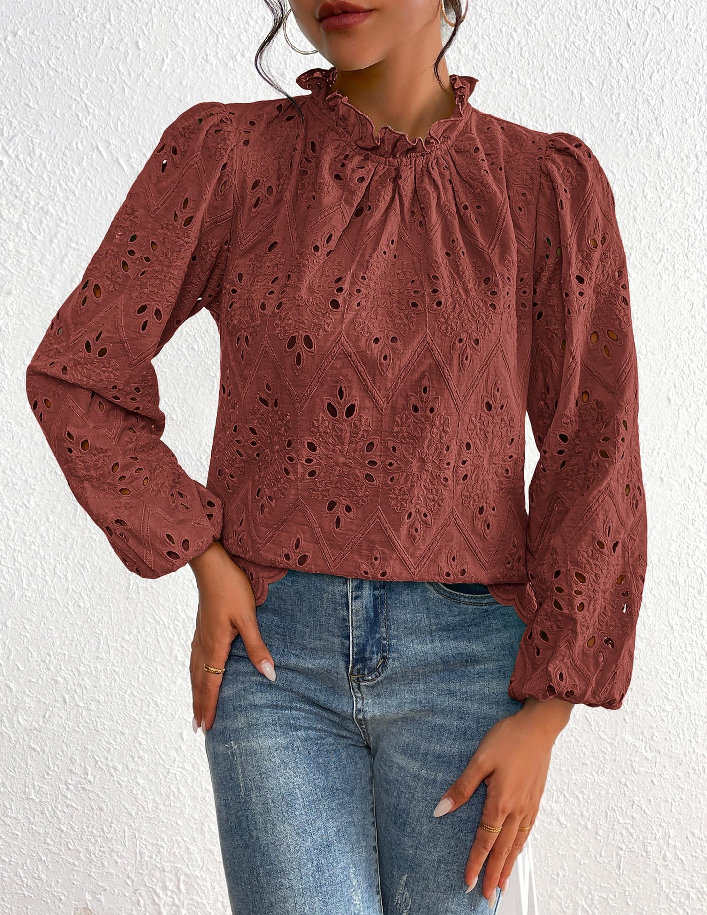 Women’s Blouses Dressy Casual Embroidered Long Puff Sleeve Shirts Ruffle Eyelet Lace Top