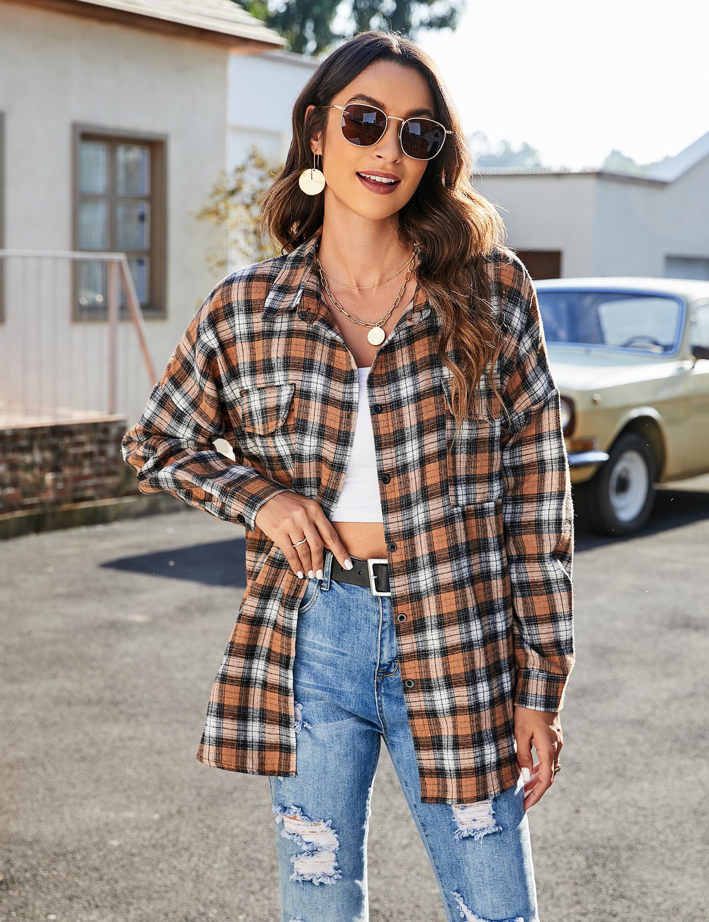 Women's Button Down Flannel Shirts Plaid Shacket Long Sleeve Collared Business Casual Tops Work Blouses