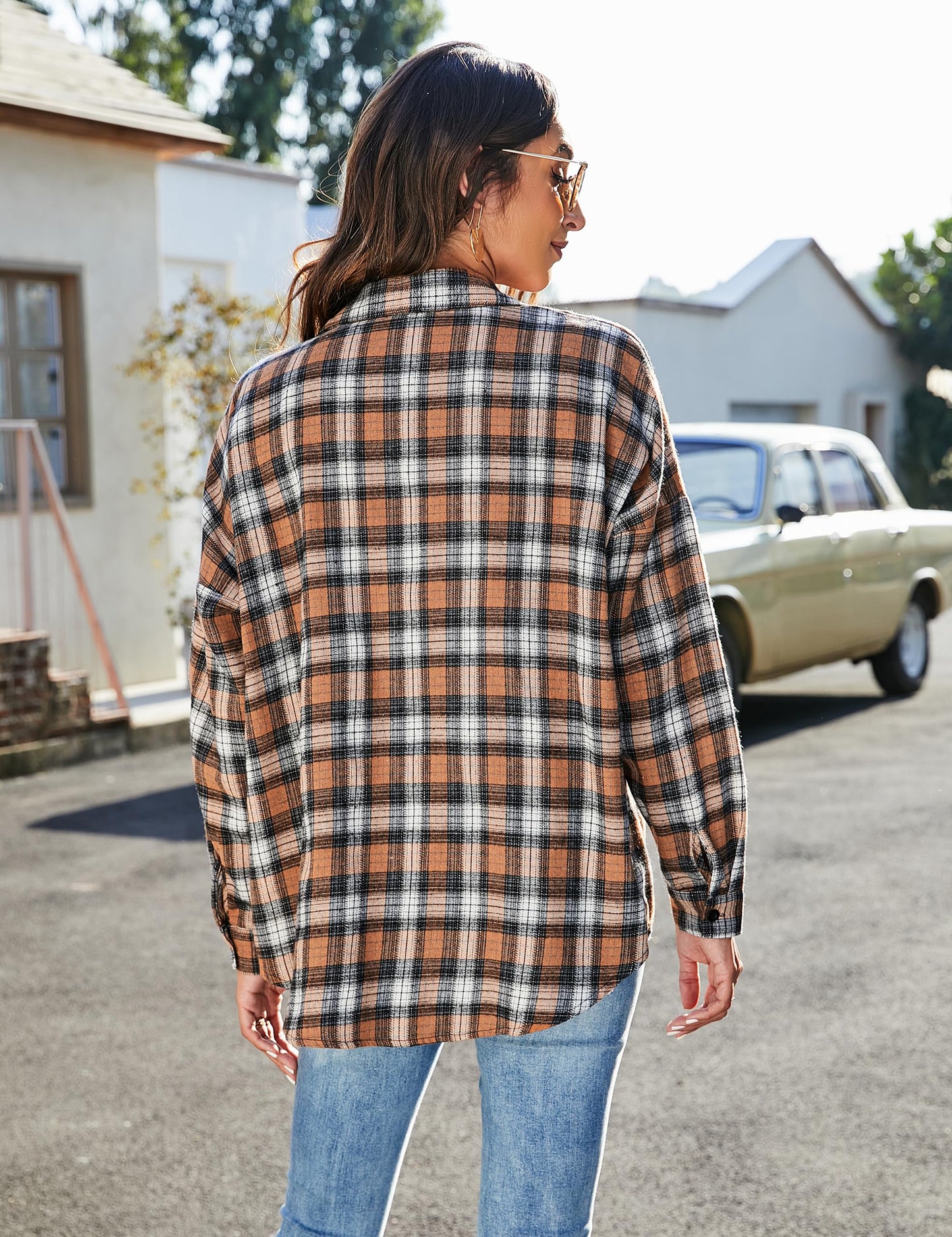 Women's Button Down Flannel Shirts Plaid Shacket Long Sleeve Collared Business Casual Tops Work Blouses