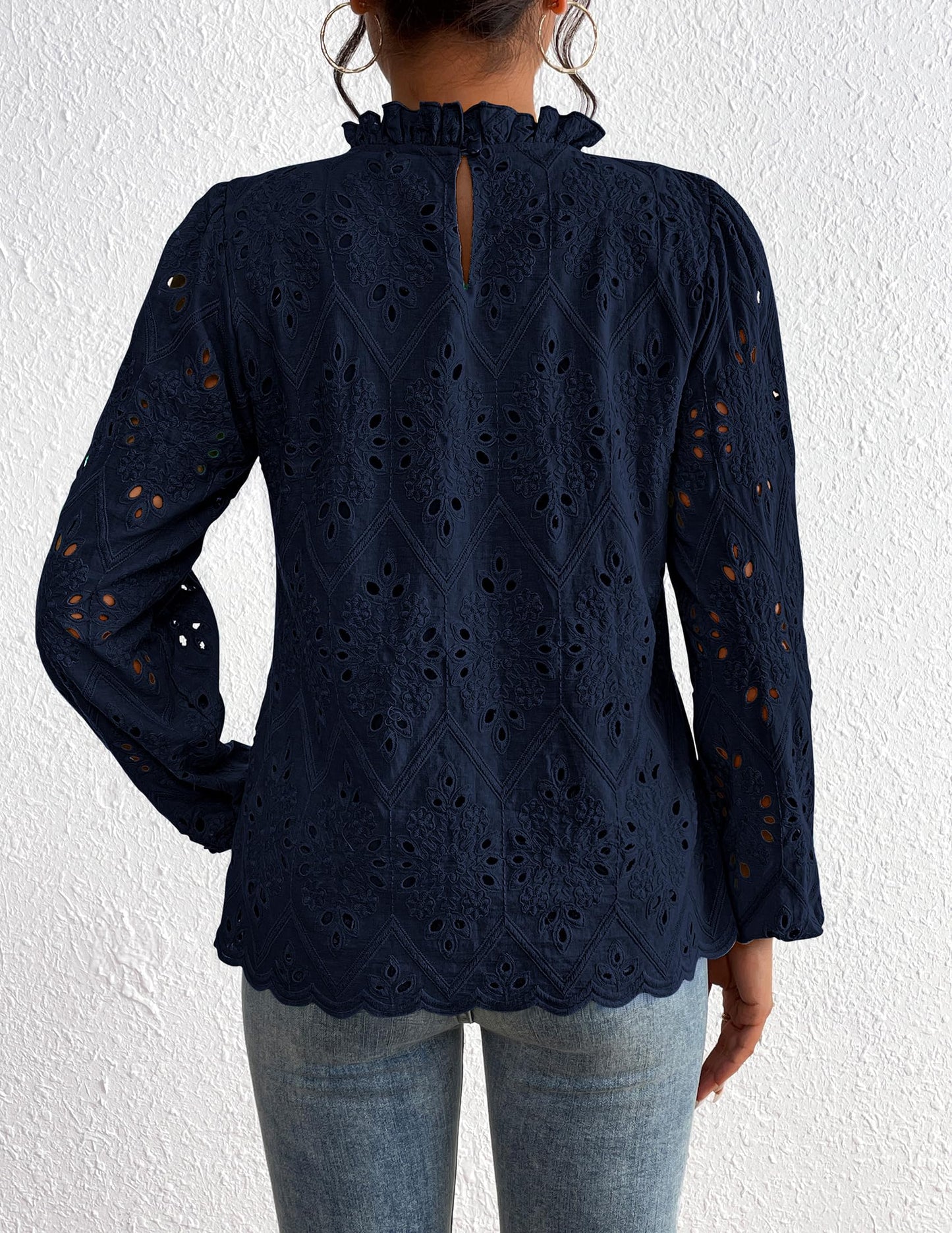 Women’s Blouses Dressy Casual Embroidered Long Puff Sleeve Shirts Ruffle Eyelet Lace Top