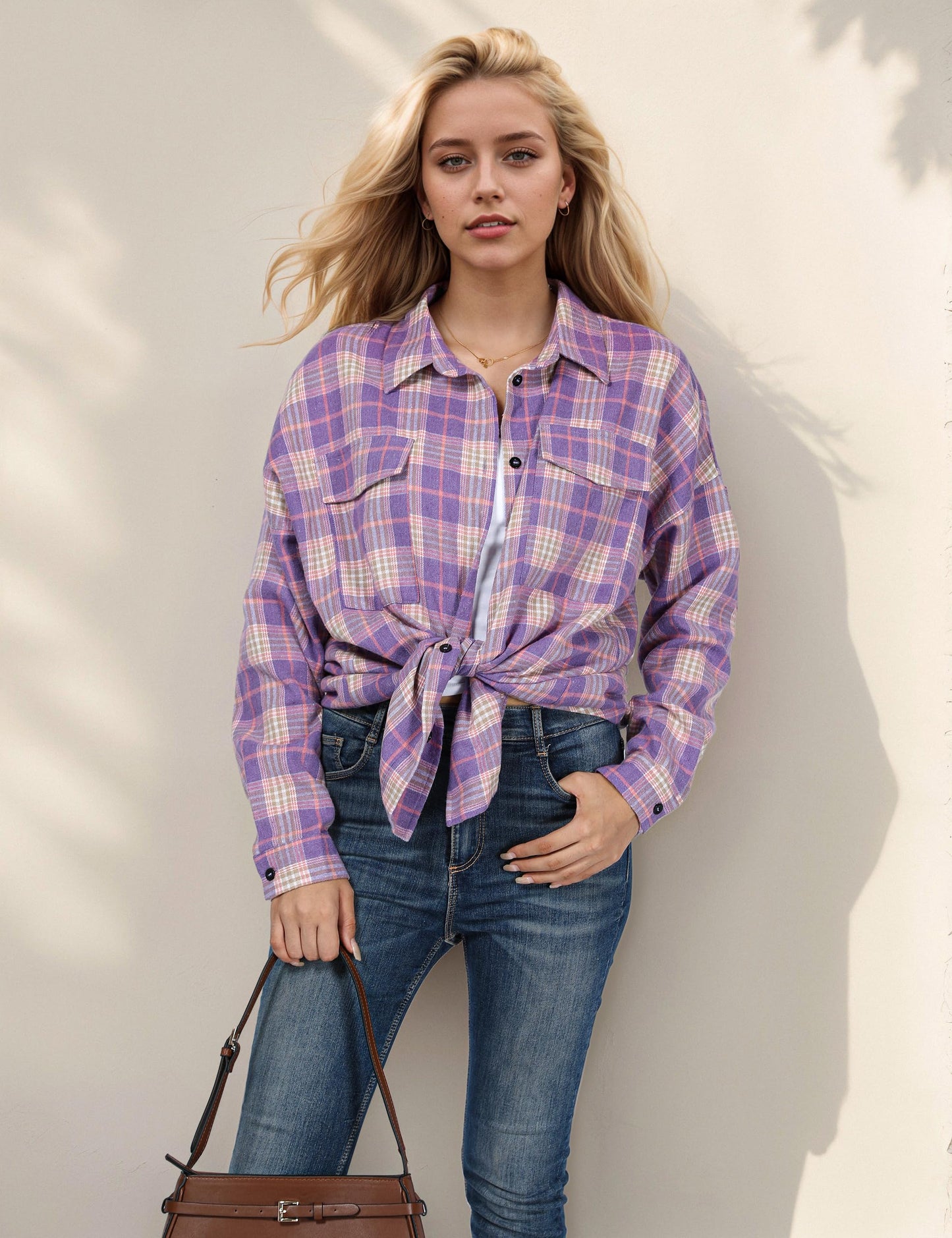 Women's Button Down Flannel Shirts Plaid Shacket Long Sleeve Collared Business Casual Tops Work Blouses