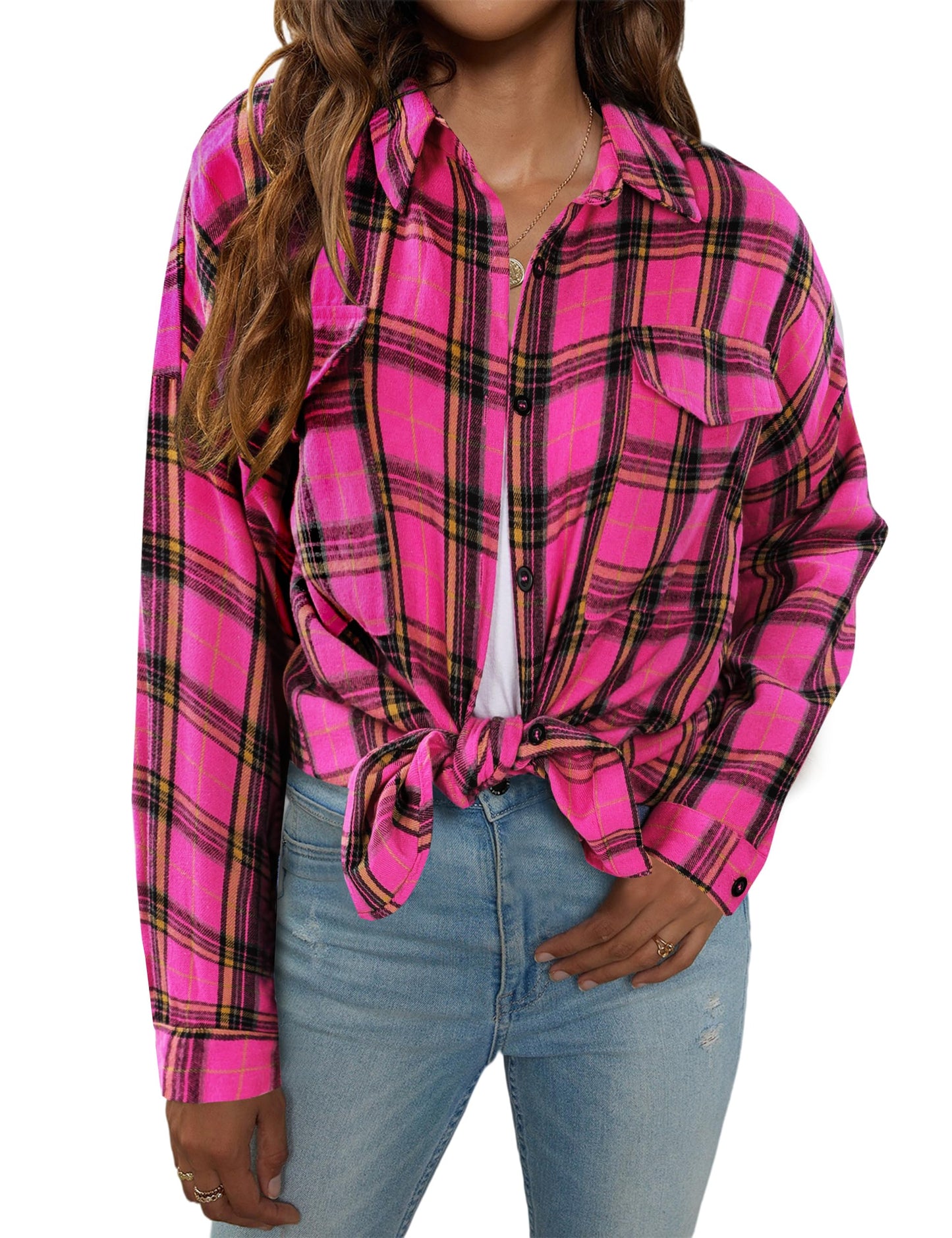 Women's Button Down Flannel Shirts Plaid Shacket Long Sleeve Collared Business Casual Tops Work Blouses
