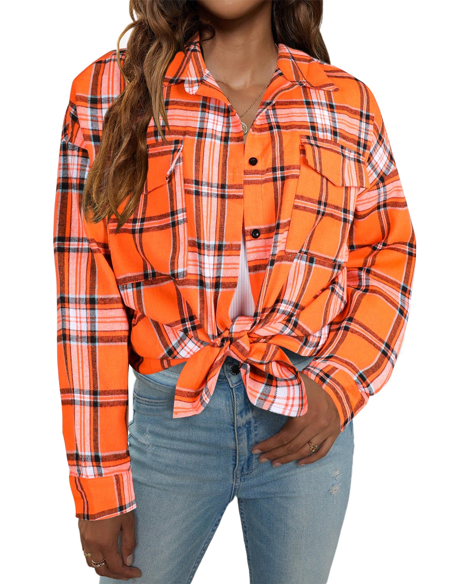 Women's Button Down Flannel Shirts Plaid Shacket Long Sleeve Collared Business Casual Tops Work Blouses