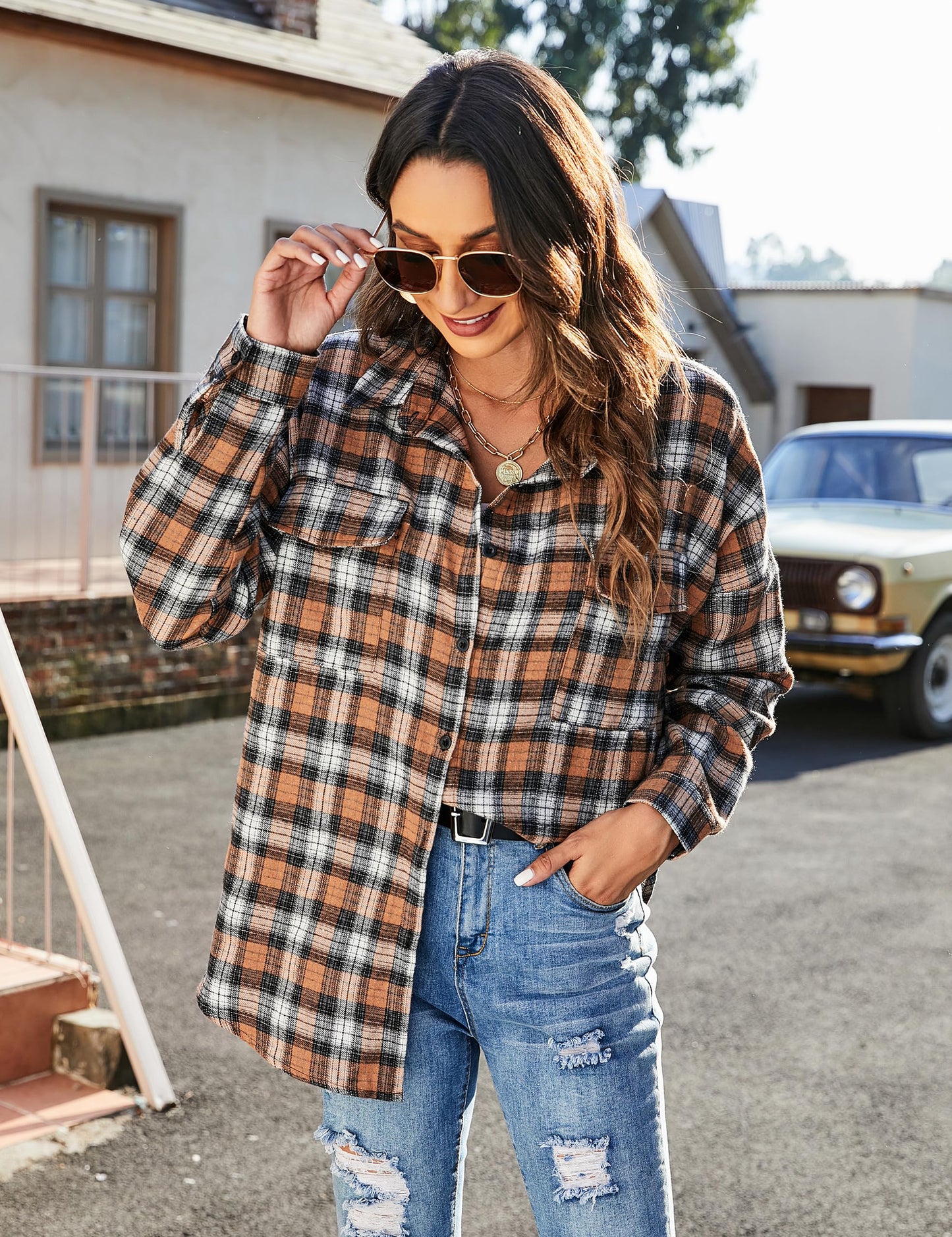 Women's Button Down Flannel Shirts Plaid Shacket Long Sleeve Collared Business Casual Tops Work Blouses