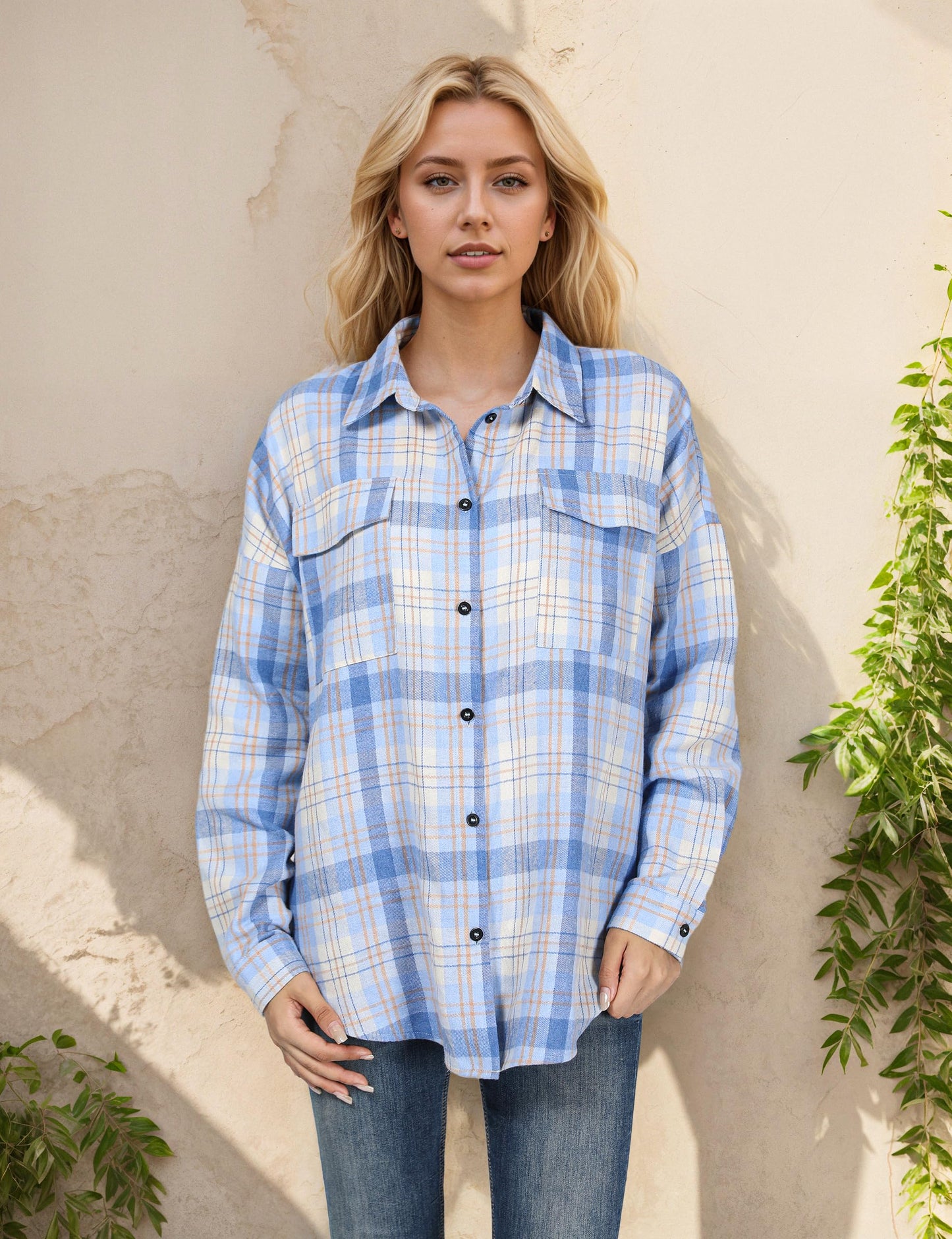 Women's Button Down Flannel Shirts Plaid Shacket Long Sleeve Collared Business Casual Tops Work Blouses