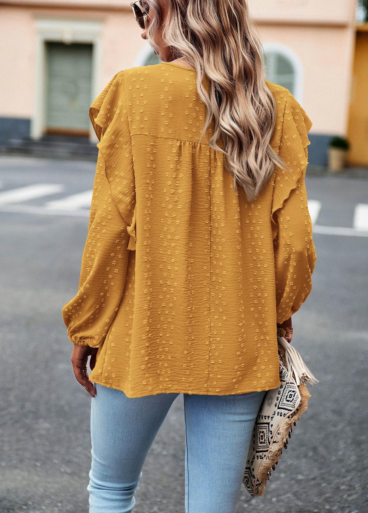 Women's Long Sleeve Blouses Ruffle Swiss Dot Crochet Loose Fit