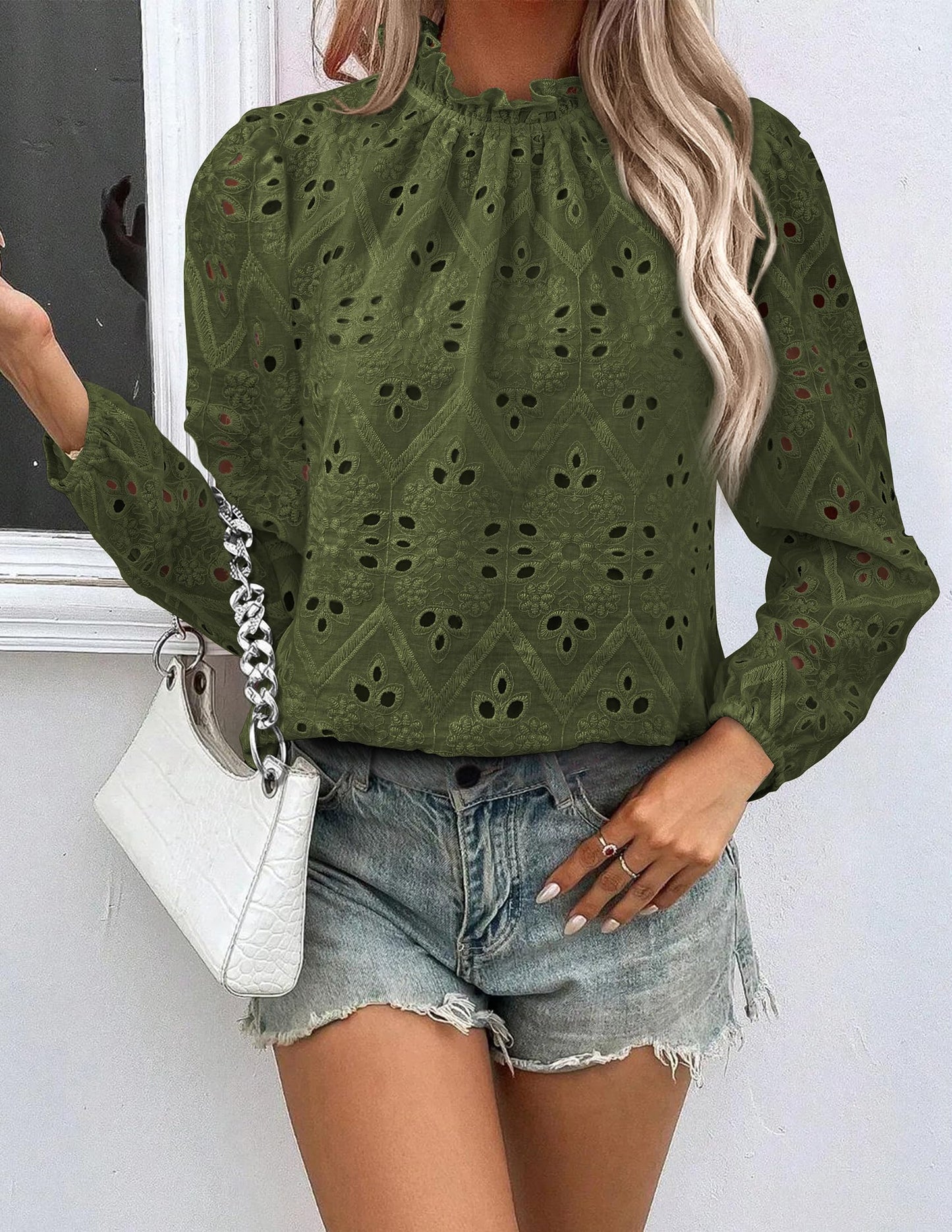 Women’s Blouses Dressy Casual Embroidered Long Puff Sleeve Shirts Ruffle Eyelet Lace Top