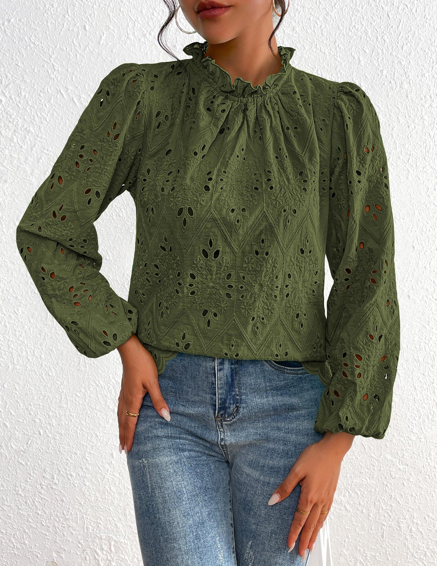 Women’s Blouses Dressy Casual Embroidered Long Puff Sleeve Shirts Ruffle Eyelet Lace Top