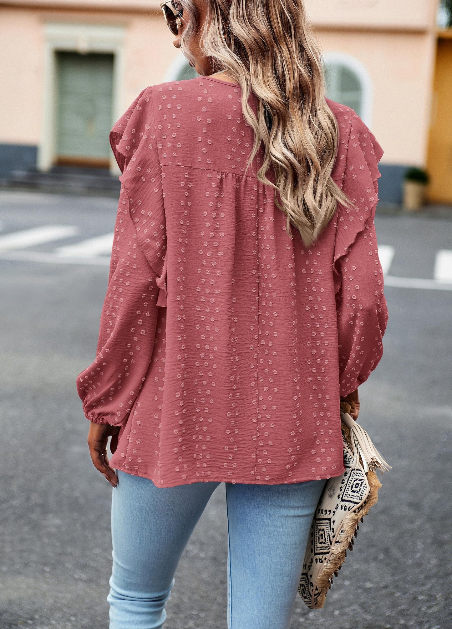 Women's Long Sleeve Blouses Ruffle Swiss Dot Crochet Loose Fit