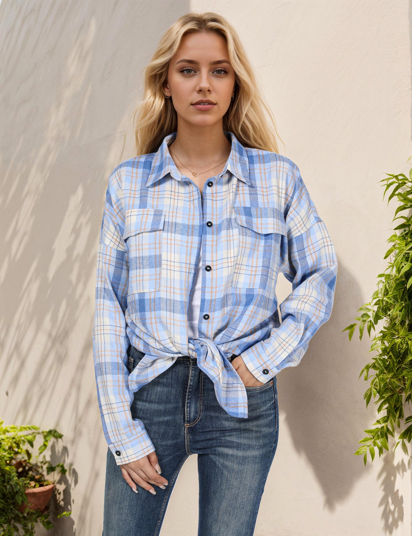 Women's Button Down Flannel Shirts Plaid Shacket Long Sleeve Collared Business Casual Tops Work Blouses