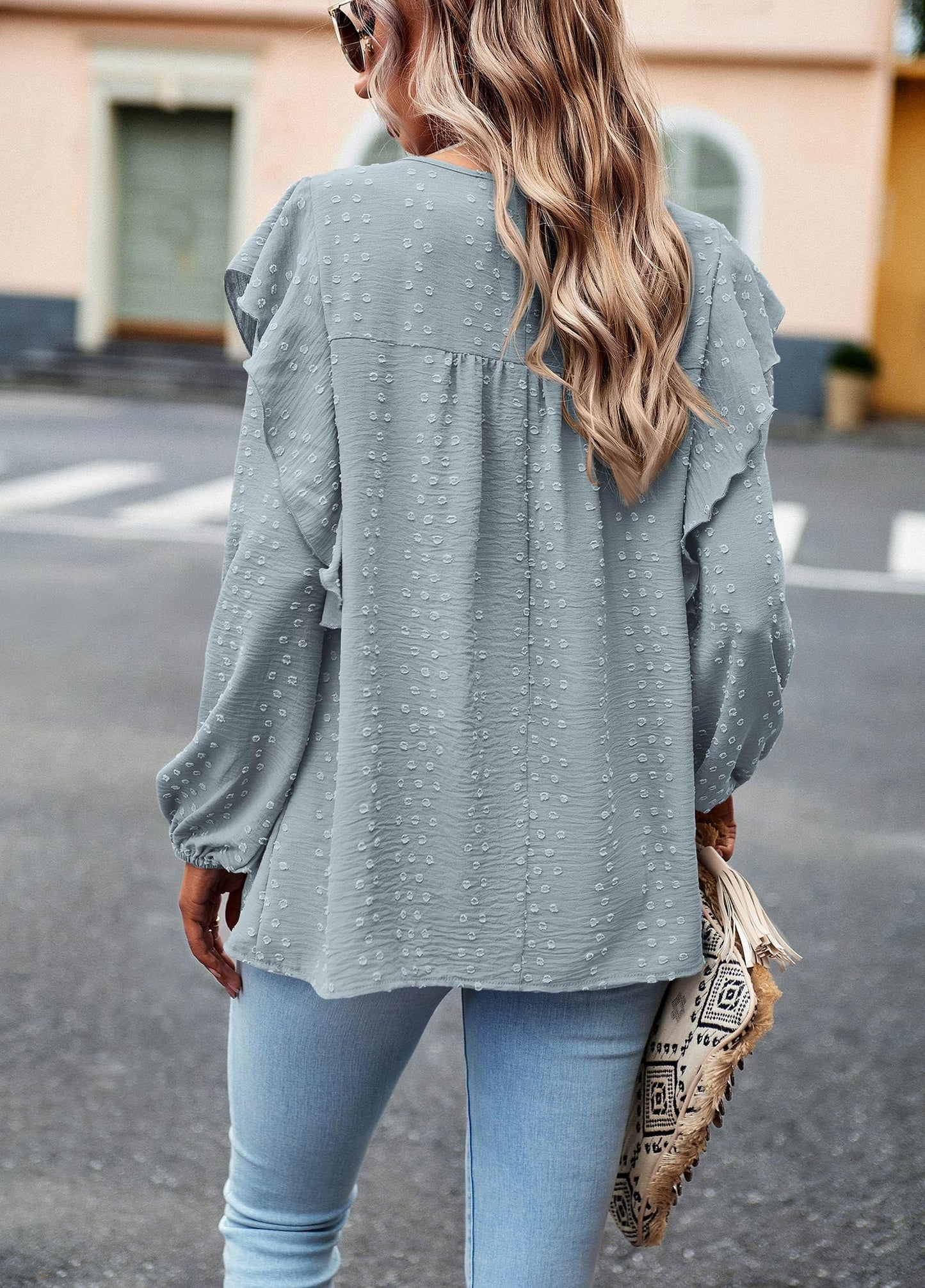 Women's Long Sleeve Blouses Ruffle Swiss Dot Crochet Loose Fit