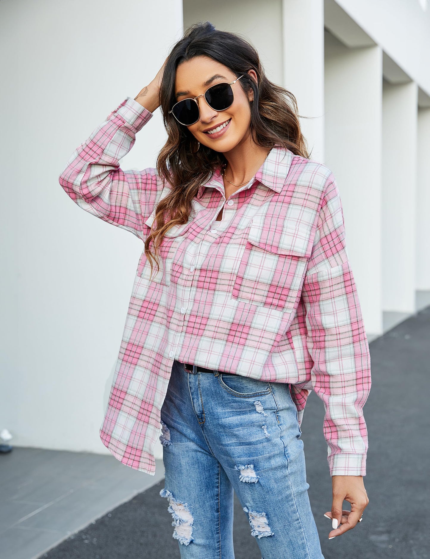Women's Button Down Flannel Shirts Plaid Shacket Long Sleeve Collared Business Casual Tops Work Blouses