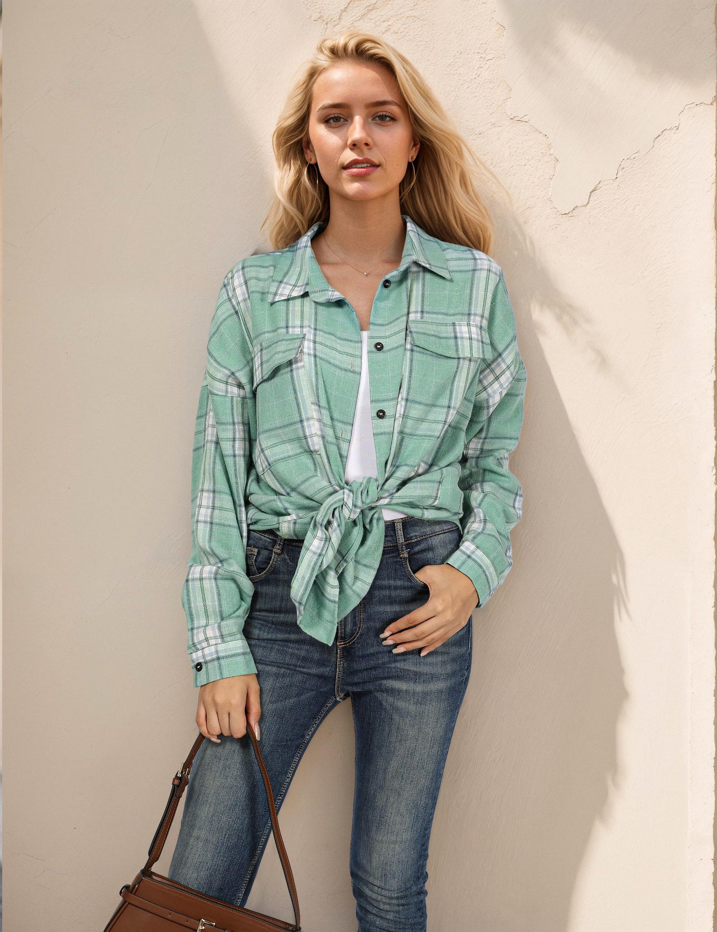 Women's Button Down Flannel Shirts Plaid Shacket Long Sleeve Collared Business Casual Tops Work Blouses