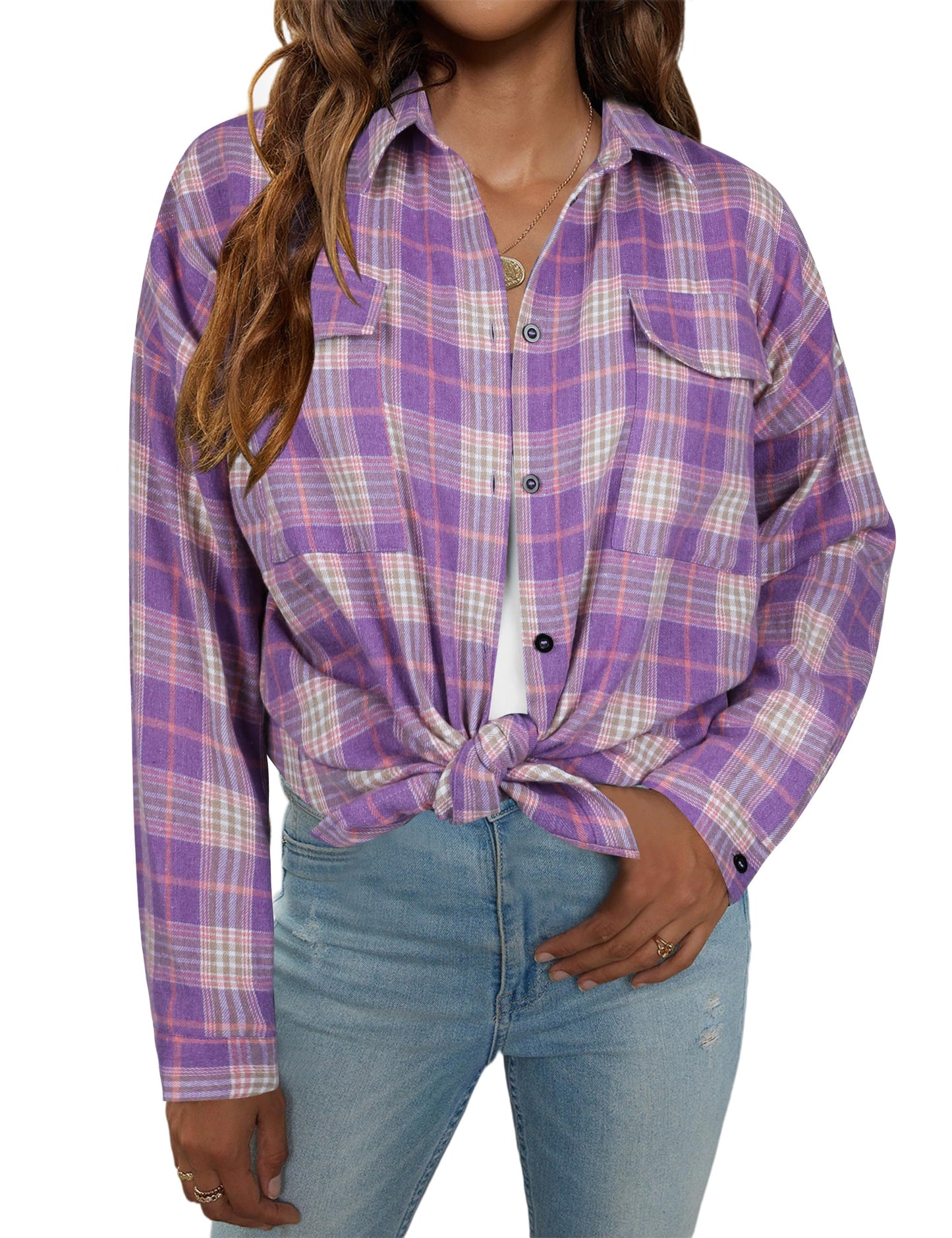 Women's Button Down Flannel Shirts Plaid Shacket Long Sleeve Collared Business Casual Tops Work Blouses