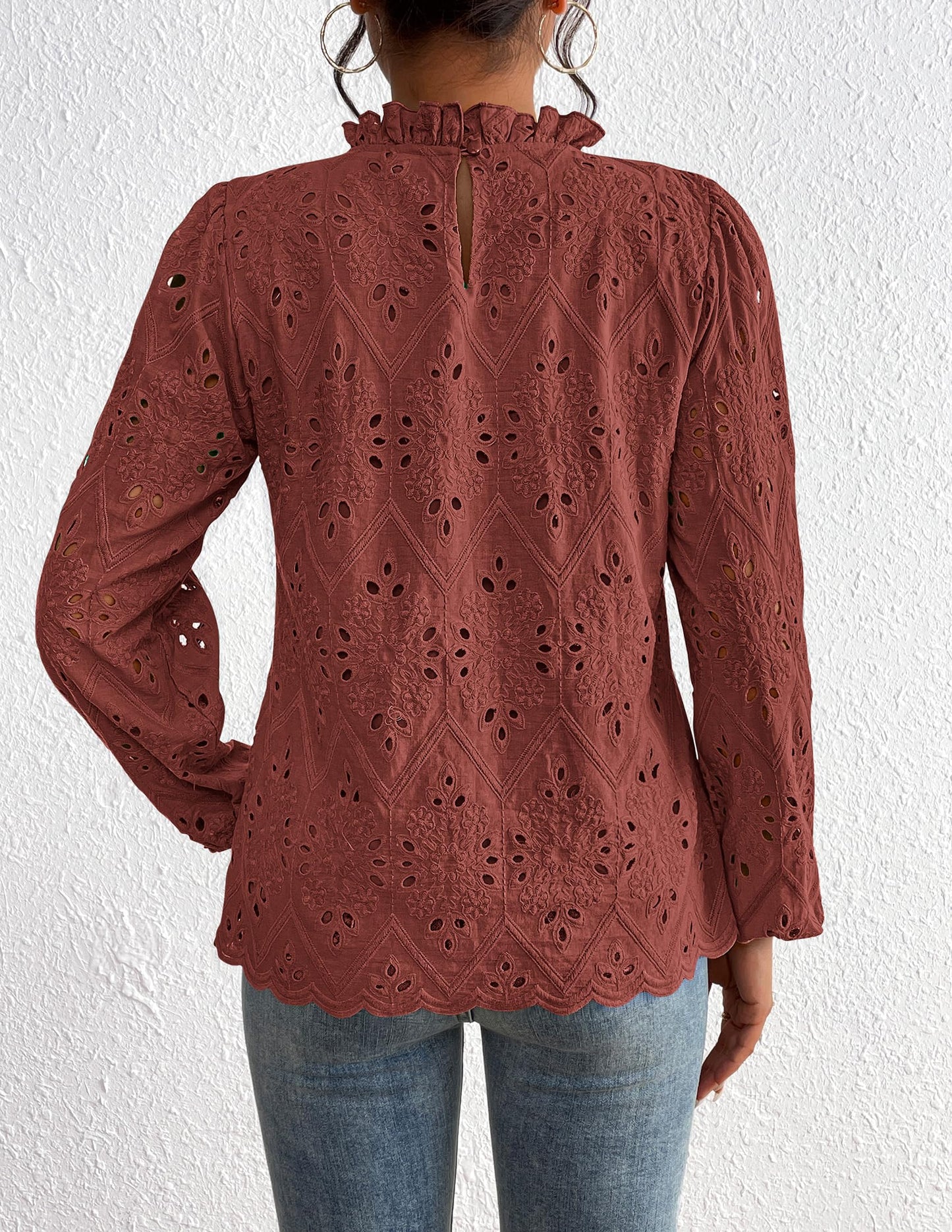 Women’s Blouses Dressy Casual Embroidered Long Puff Sleeve Shirts Ruffle Eyelet Lace Top