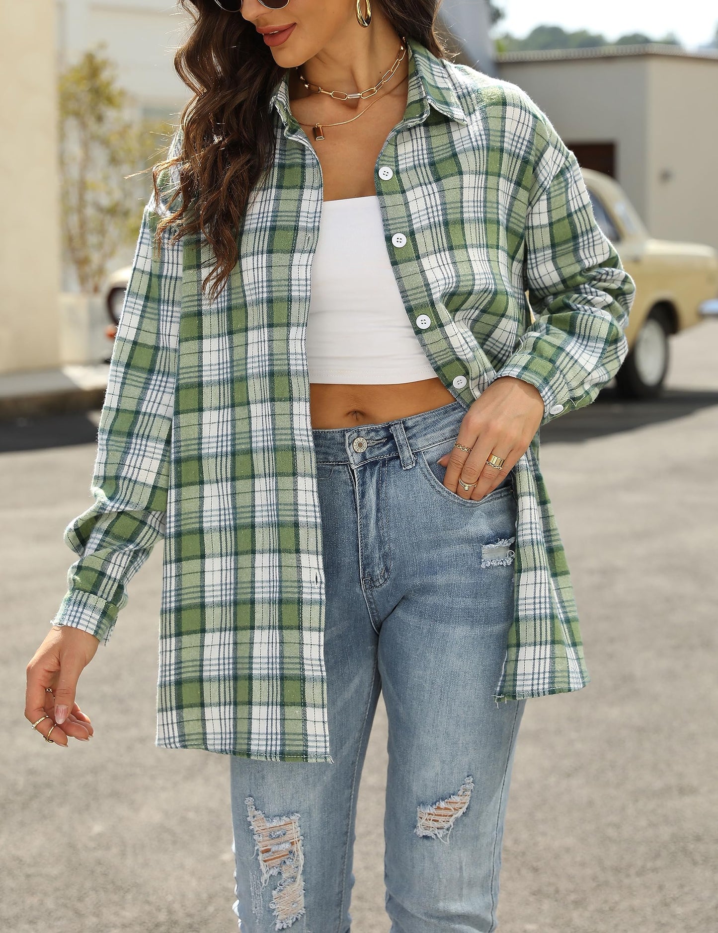 Plaid Flannel Shirts for Women Oversized Long Sleeve Button Down Buffalo Plaid Shirt Blouse Tops