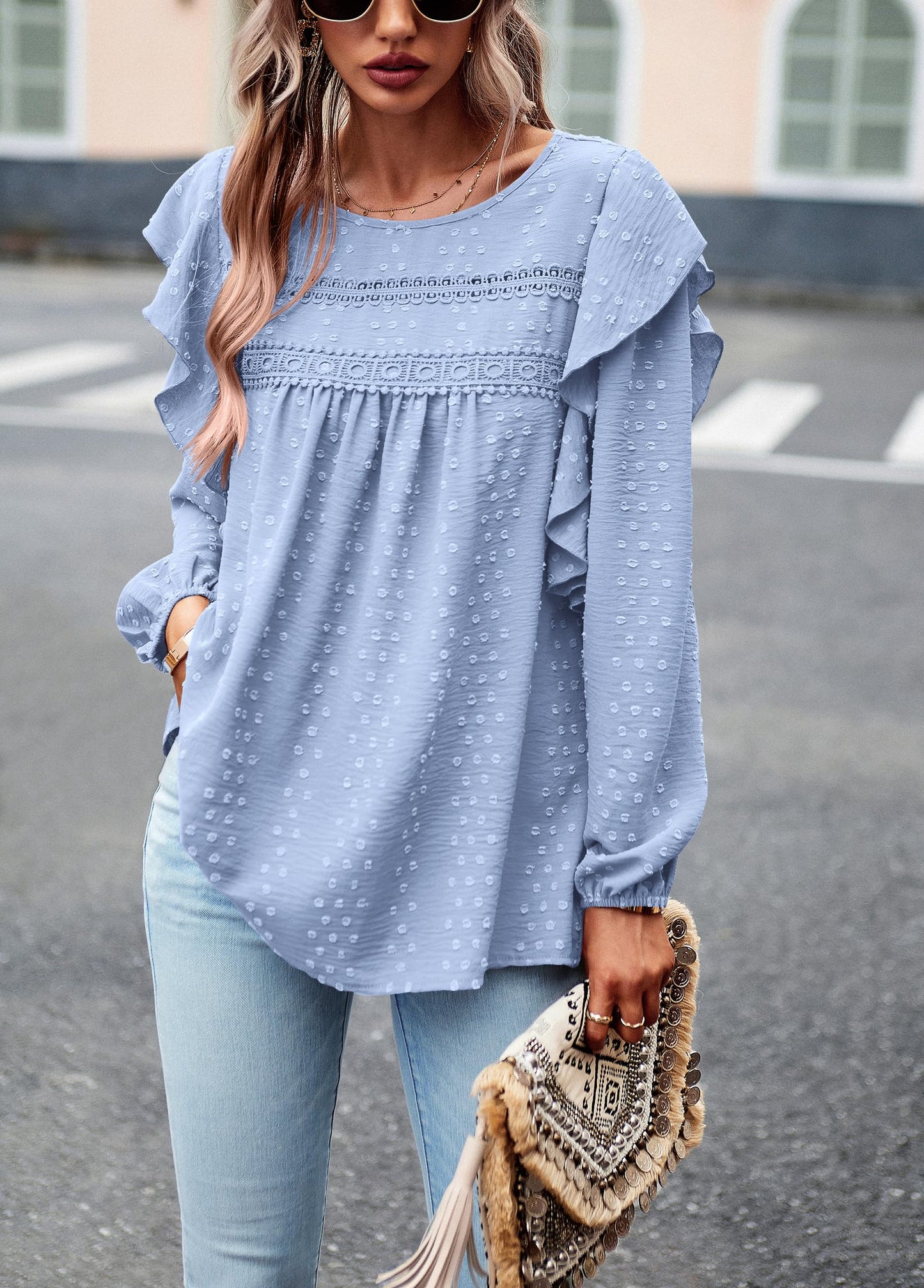 Women's Long Sleeve Blouses Ruffle Swiss Dot Crochet Loose Fit