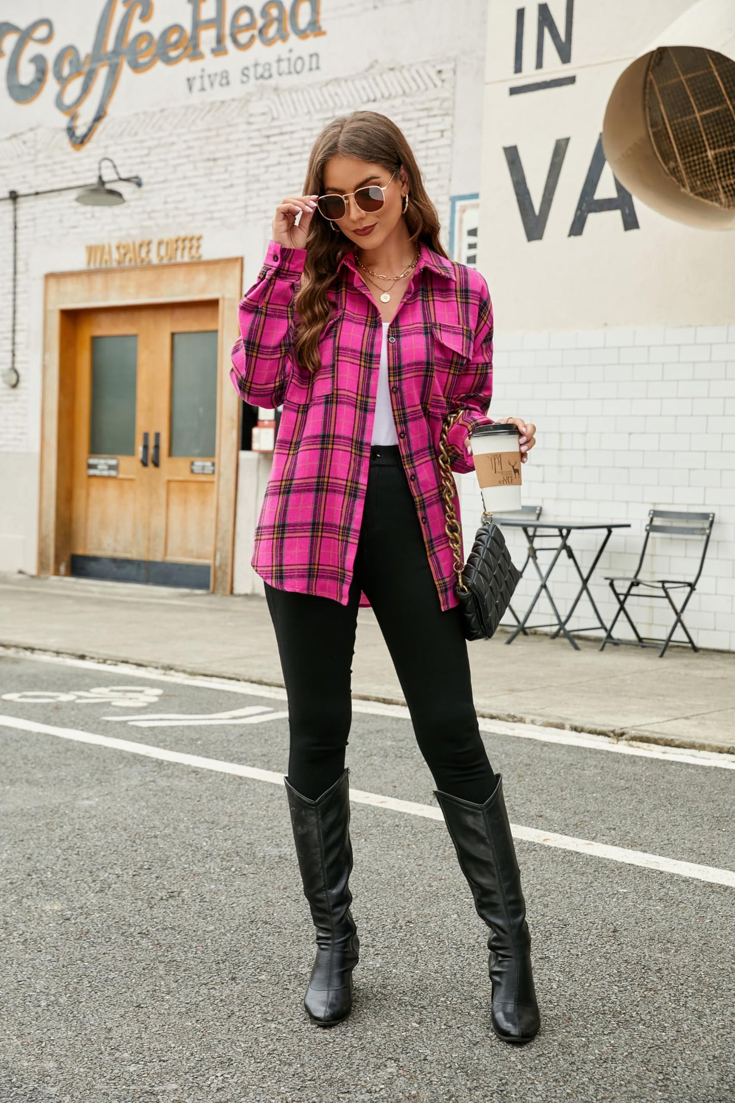 Women's Button Down Flannel Shirts Plaid Shacket Long Sleeve Collared Business Casual Tops Work Blouses