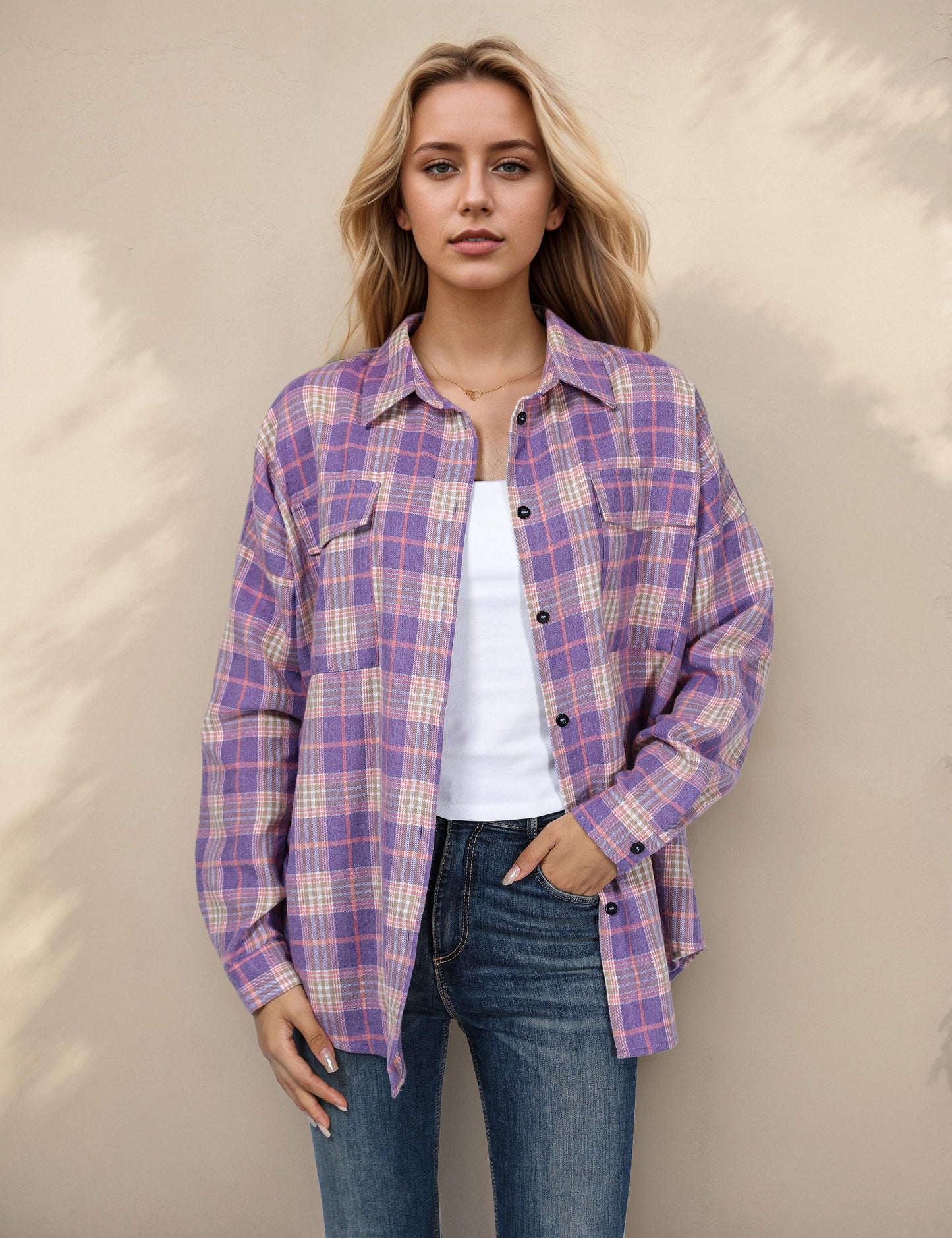 Women's Button Down Flannel Shirts Plaid Shacket Long Sleeve Collared Business Casual Tops Work Blouses