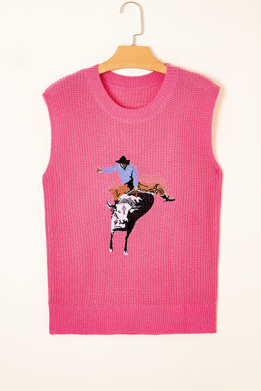 Bright Pink Western Cowboy Embroidery Round Neck Sleeveless Sweater