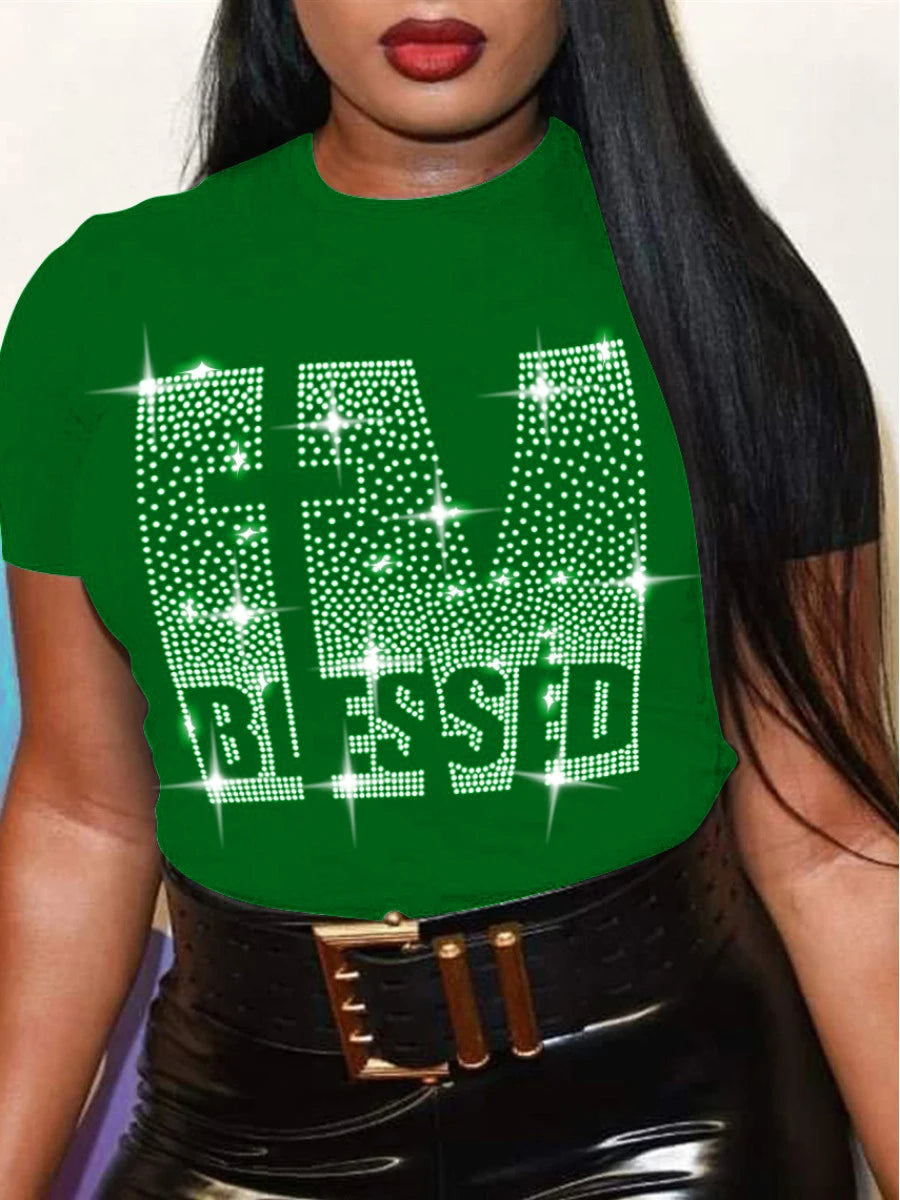 Plus Size Rhinestone Decor T-Shirt: Casual Summer Top