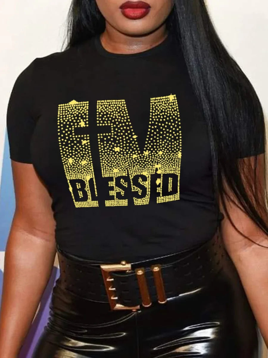Plus Size Rhinestone Decor T-Shirt: Casual Summer Top
