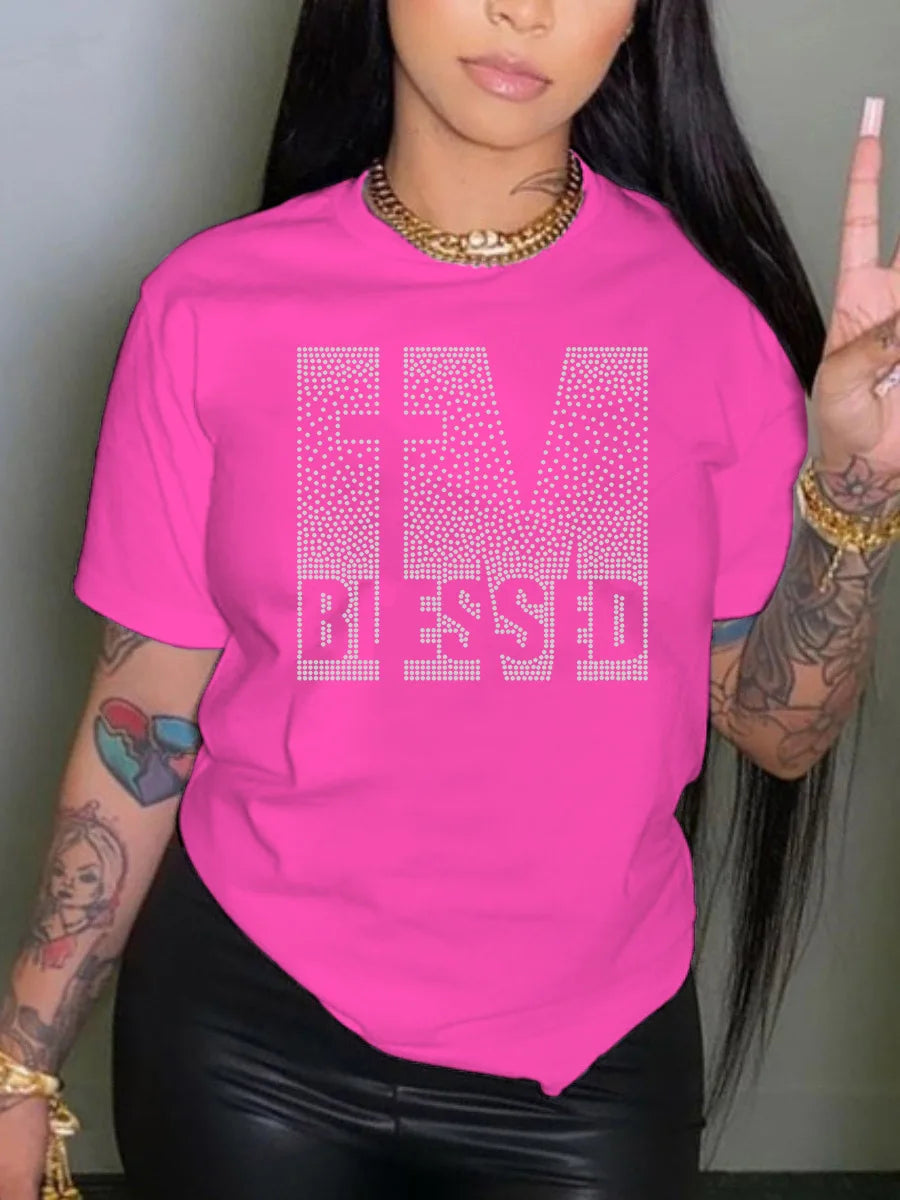 Plus Size Rhinestone Decor T-Shirt: Casual Summer Top