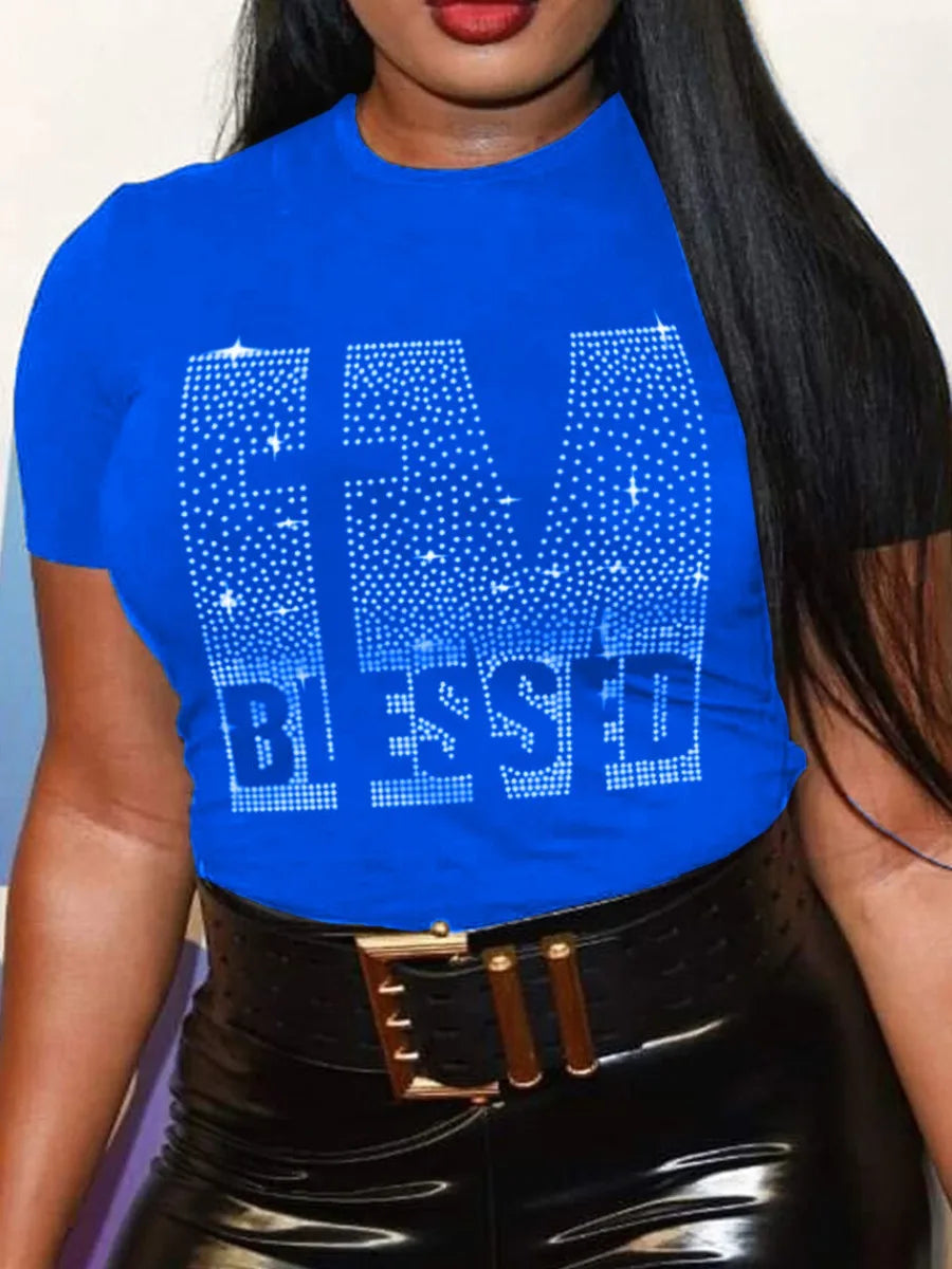 Plus Size Rhinestone Decor T-Shirt: Casual Summer Top