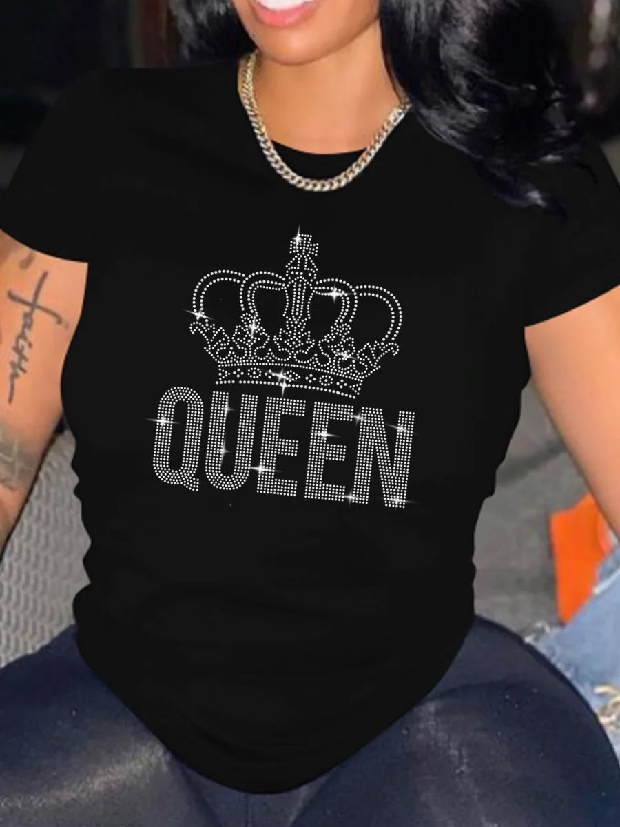 Plus Size Rhinestone Decor T-Shirt: Casual Summer Top