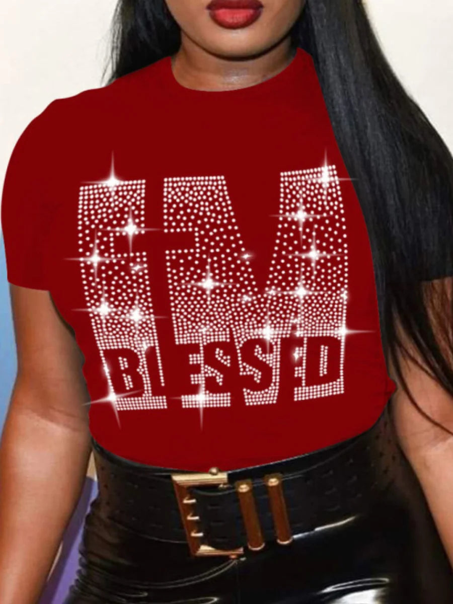 Plus Size Rhinestone Decor T-Shirt: Casual Summer Top