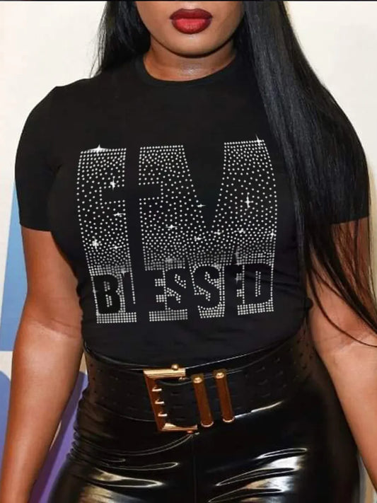 Plus Size Rhinestone Decor T-Shirt: Casual Summer Top